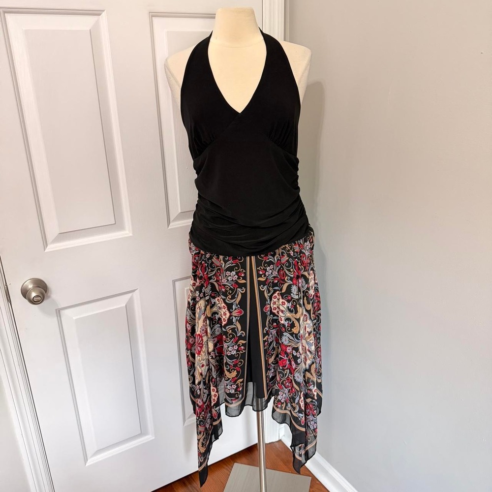 Y2K BLACK AND BURGUNDY METROSTYLE PAISLEY PRINT HANDKERCHIEF HEM MIDI DRESS